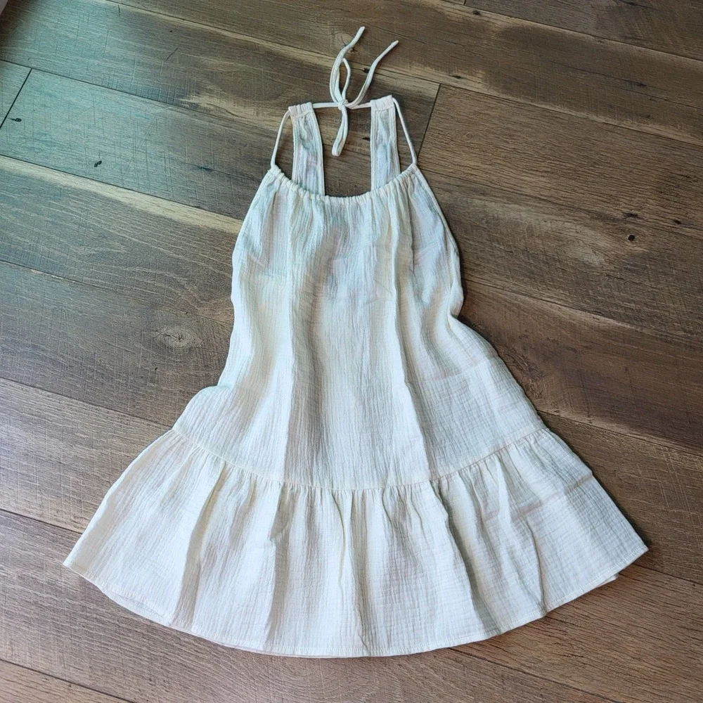 Xhilaration Womens Small Cream Gauze Halter Mini Dress Tiered Ruffle Sleeveless